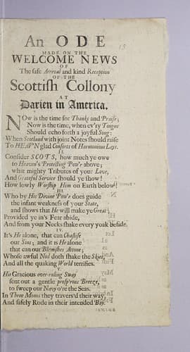 An ode made on the welcome news of the safe arrival and kind reception of the Scottish collony [sic] at Darien in America