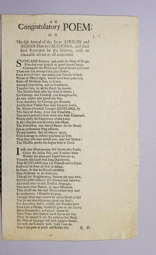An congratulatory poem, on the safe arrival of the Scots African and Indian fleet in Caledonia, and their kind reception by the natives, with an amicable advice to all concerned..