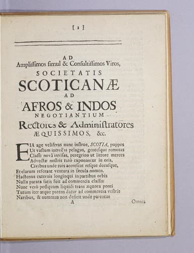 Ad amplissimos simul & consultissimos viros, Societatis Scoticanae ad Afros & Indos negotiantium rectores & administratores aequissimos, &c..
